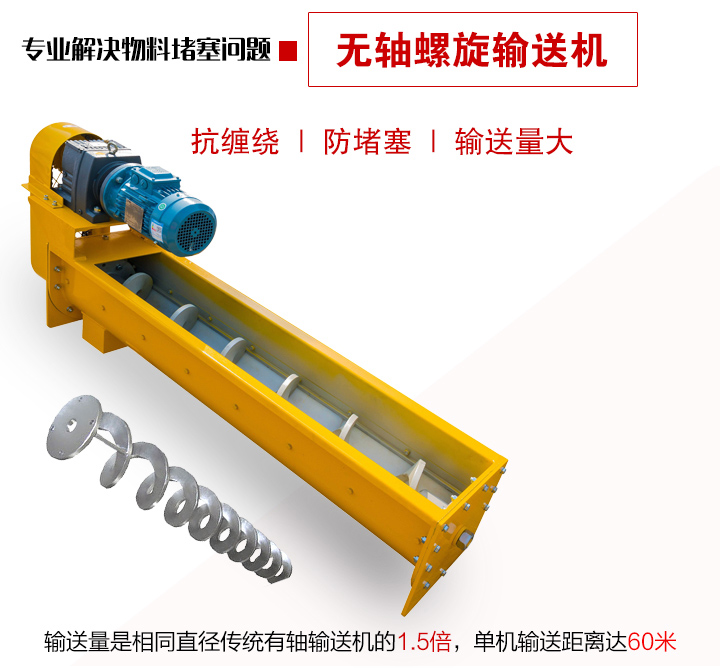 輸送量是相同直徑傳統(tǒng)有軸輸送機(jī)的1.5倍，單機(jī)輸送距離達(dá)60米